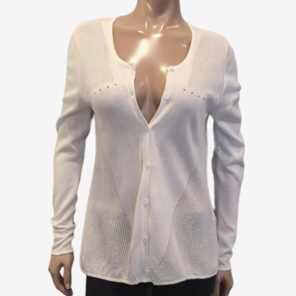 💠LAURA Open Mesh Knit Cardigan Buttoned Front Eyelet Ivory White Sweater